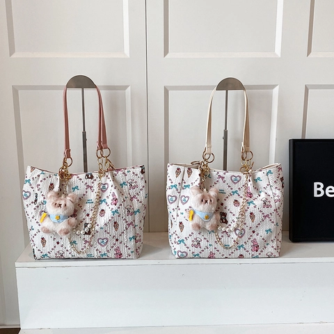 Lindo Bolso Tote Estampado de Dibujos Animados para Mujer Gran Capacidad Tejido Compuesto Bolso de Hombro Con Cadena y Oso