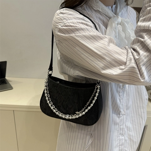 Bolso de Axila Acolchado de Moda para Mujer Cuero PU con Patrón de Rombos Bolso de Hombro con Cadena de Perlas Artificiales