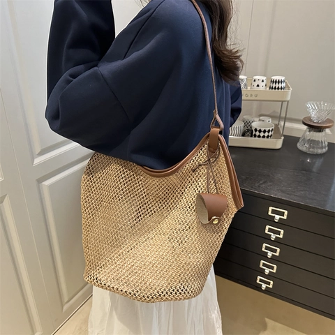 Borsa Tote in Paglia Intrecciata da Spiaggia Estiva per Donna Borsa a Tracolla in Maglia Traforata di Grande Capacità Con Finiture in Pelle PU
