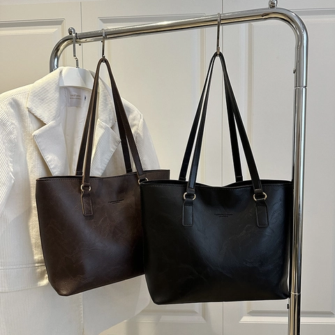 Women Large Capacity PU Leather Tote Bag Minimalist Commuting Shoulder Bag Fashion Handbag With Double Straps Solid Color