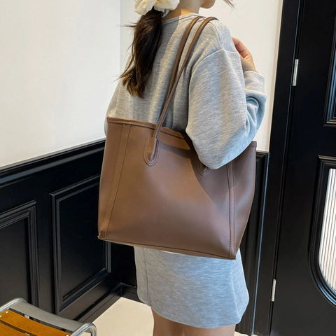 Damen Einfache PU Leder Tragetasche Große Kapazität Lässige Schultertasche Minimalistische Pendler Handtasche Kontrastnähte Street Fashion