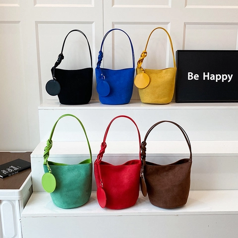 Women Textured PU Suede Bucket Bag Large Capacity Solid Color Shoulder Bag With Round Mini Charm Pouch Korean Style Purse