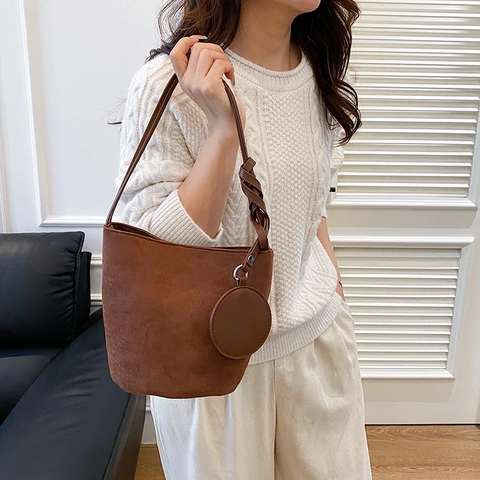 Women Textured PU Suede Bucket Bag Large Capacity Solid Color Shoulder Bag With Round Mini Charm Pouch Korean Style Purse
