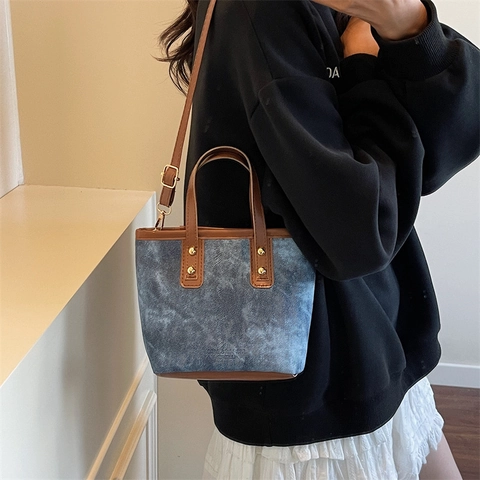 Damen Mini Eimertasche Vintage PU Leder Kontrastfarbe Handtasche Mit Abnehmbarem Umhängegurt Kleine Tägliche Henkeltasche