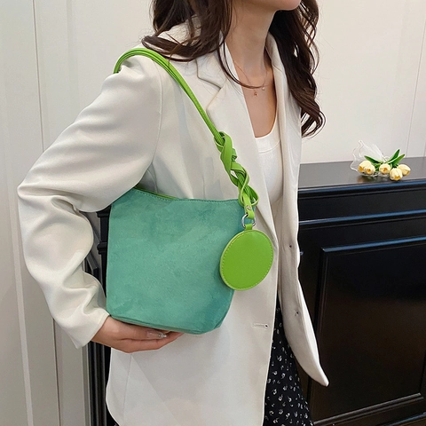 Retro Minimalistische Damen Eimer Tasche Mit Wildlederoptik PU Leder Mode Achseltasche Schultertasche Mit Knoten Riemen