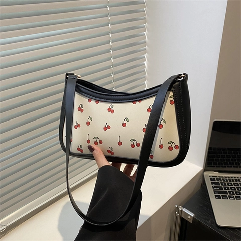 Borsa Sottobraccio da Donna con Stampa Ciliegia alla Moda in Pelle PU Borsa a Spalla Baguette Casual Estiva Piccola Borsetta Retro