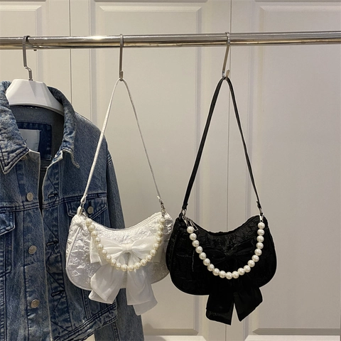 Bolso de Hombro para Mujer con Lazo y Perla Artificial Textura de Encaje Media Luna Bolso de Axila Elegante
