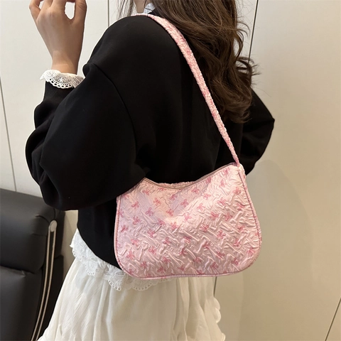 Women Sweet Bowknot Print Puff Shoulder Bag Pleated Quilted Underarm Bag Large Capacity Casual Satchel Handbag