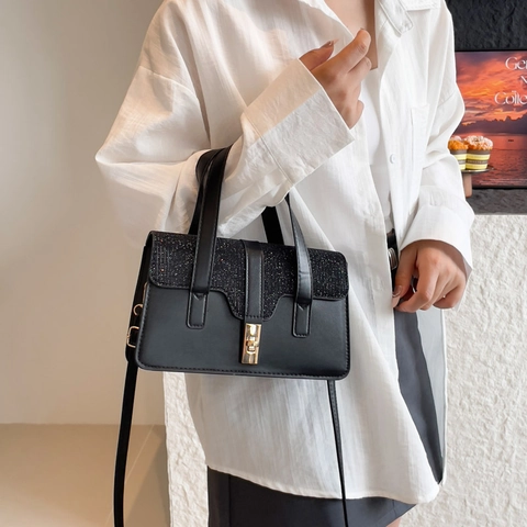 Sac Bandoulière Femme Élégant en Cuir PU avec Rabat à Paillettes Petit Sac Carré avec Serrure Métallique Mode