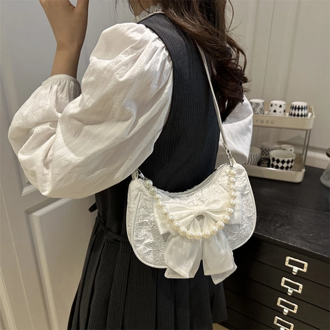 Bolso de Hombro para Mujer con Lazo y Perla Artificial Textura de Encaje Media Luna Bolso de Axila Elegante