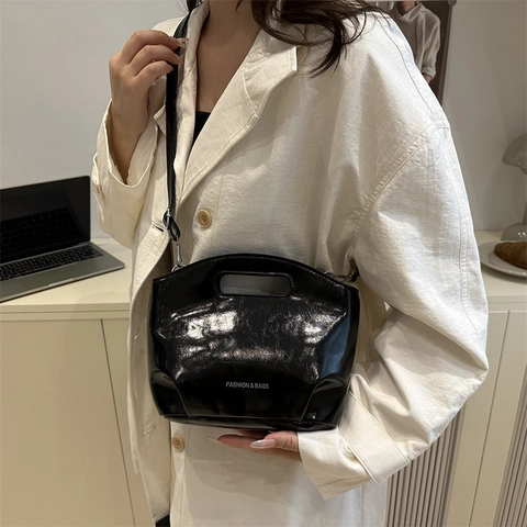 Women PU Leather Fashion Letter Print Bucket Bag Stylish Solid Color Handbag With Adjustable Strap Crossbody Shoulder Bag