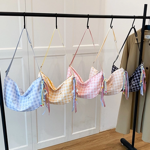 Borsa a Spalla Hobo da Donna in Tessuto Composito a Quadretti Gingham Grande Capacità Tracolla Con Ricamo Orso Cuore