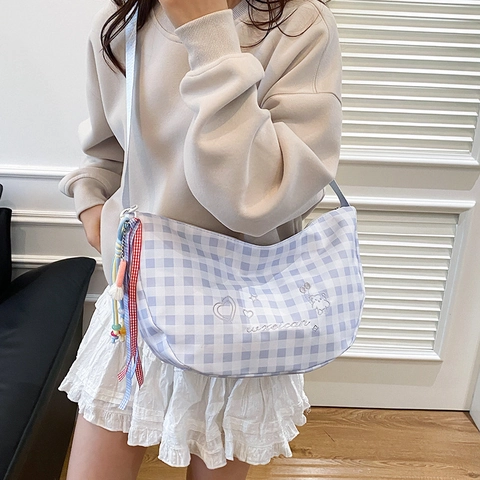 Borsa a Spalla Hobo da Donna in Tessuto Composito a Quadretti Gingham Grande Capacità Tracolla Con Ricamo Orso Cuore