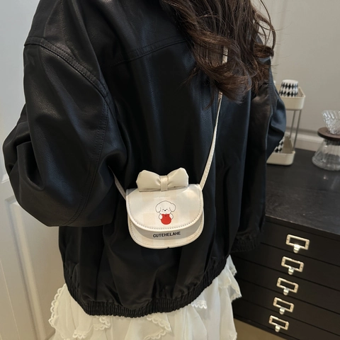 Women Cute Bow Cartoon Dog Print Mini Crossbody Bag Sweet PU Leather Gingham Small Square Shoulder Bag For Girls