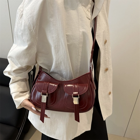 Women Retro PU Leather Shoulder Bag Double Pocket Solid Color Underarm Crossbody Bag Fashion Simple Street Style Handbag