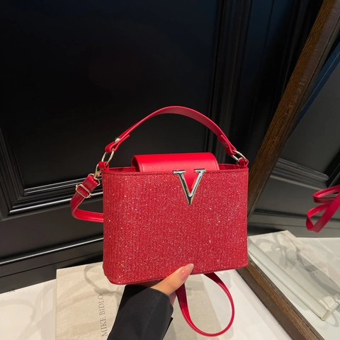 Elegante Bolso Bandolera de Purpurina para Mujer Bolso de Mano de Lujo de Cuero PU Bolso Cuadrado Pequeño Con Hebilla en V para Fiesta Oficina Diario