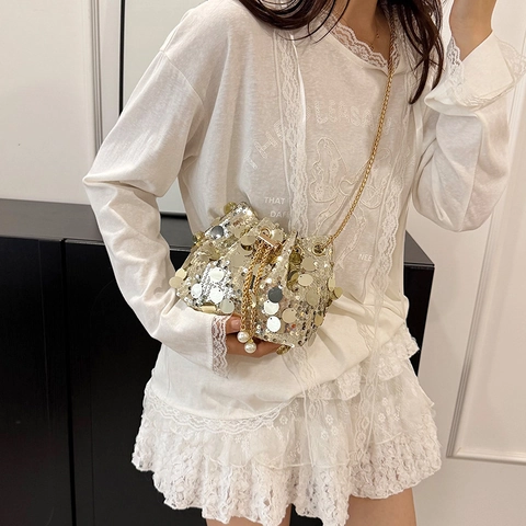 Sac Seau à Paillettes pour Femmes Sac Bandoulière à Cordon Avec Chaîne en Métal et Perles Artificielles pour Fête
