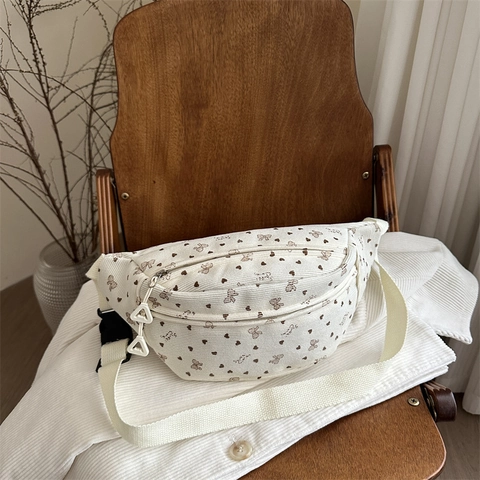 Women Corduroy Heart Bowknot Print Waist Bag Large Capacity Casual Chest Bag Crossbody Bag Street Fashion Streetwear Fanny Pack