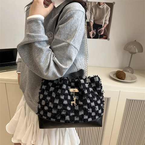 Bolso Tote de Mezclilla para Mujer de Moda Gran Capacidad Estampado de Estrellas y Cuadros con Flecos Bolso de Hombro con Colgante de Ciervo