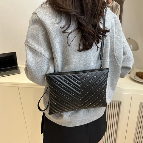Vintage Damen Gesteppte PU Leder Schultertasche Strass Besetzt Umschlag Unterarmtasche Lässige Kleine Quadratische Handtasche