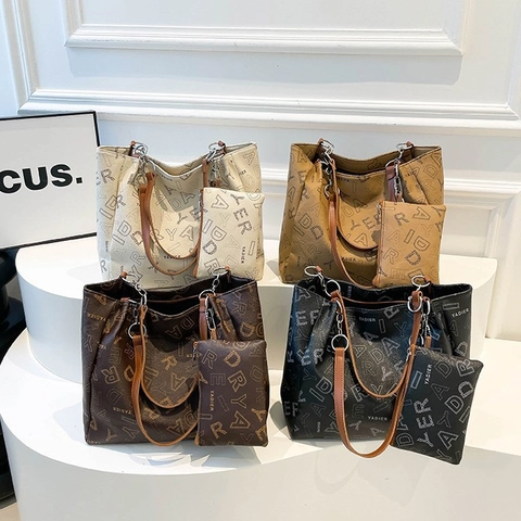 Sac Cabas Femme à la Mode avec Impression de Lettres en Cuir PU avec Petite Pochette Sac à Bandoulière Grande Capacité