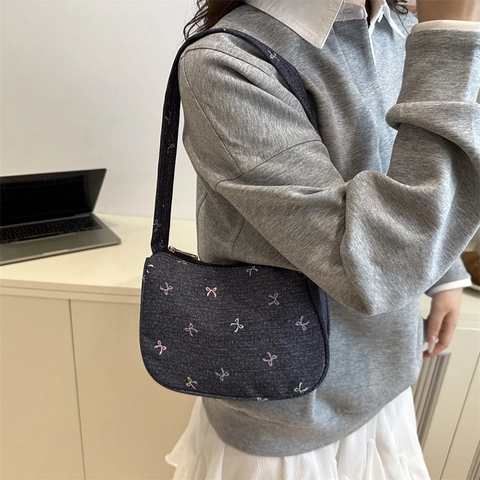 Bolso de Hombro de Denim para Mujer Retro Bordado Lazo Bolso Hobo Casual Elegante Bolso de Viaje Ligero para Mujer