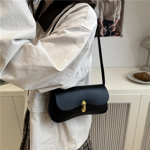 Bolso de Axila de Cuero PU Vintage para Mujer Bolso de Hombro Minimalista de Color Sólido con Cierre de Metal Dorado Bolso Casual Retro