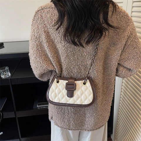 Women's Retro Quilted PU Leather Chain Shoulder Bag Trendy Elegant Square Crossbody Bag Minimalist Underarm Handbag