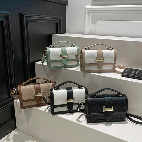 Bolso Cuadrado Pequeño para Mujer Cuero PU Relieve Triángulo Geométrico Contraste de Color Hebilla Metal Bolso de Hombro Bandolera