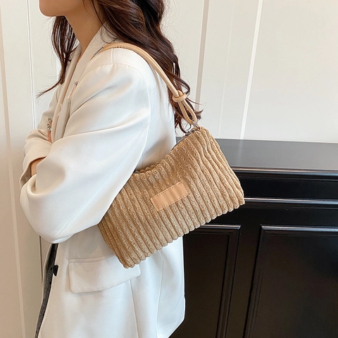 Vintage Corduroy Underarm Bag For Women Minimalist Solid Color Shoulder Bag With Zip Closure Casual Streetwear Fashion Handbag