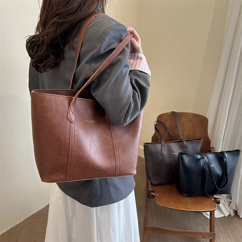 Women Vintage PU Leather Large Capacity Tote Bag Minimalist Fashion Commuting Shoulder Bag With Zipper Casual Solid Handbag