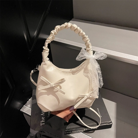 Bolso de Hombro para Mujer de Cuero PU con Lazo de Encaje Asa Fruncida Media Luna Bolso Bandolera Crema Beige Elegante