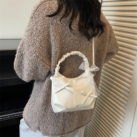 Bolso de Hombro para Mujer de Cuero PU con Lazo de Encaje Asa Fruncida Media Luna Bolso Bandolera Crema Beige Elegante