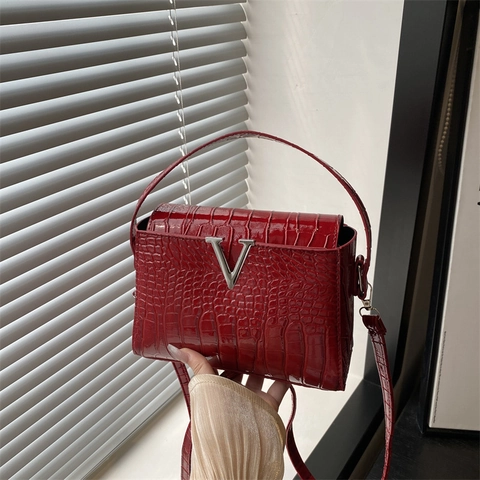 Bolso Bandolera de Cuero PU con Patrón de Cocodrilo para Mujer Bolso Cuadrado Simple Vintage con Hebilla de Metal en V