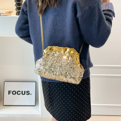Women's Fashion Sequin Ruched Cloud Bag PU Leather Glitter Shoulder Crossbody Bag Minimalist Evening Party Purse Handbag