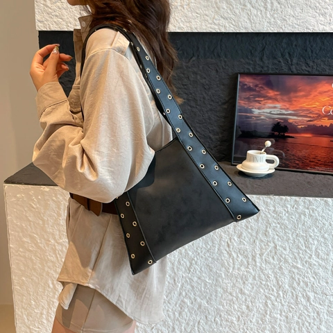 Bolso Tote Vintage de Cuero PU Gran Capacidad Con Decoración de Ojales Metálicos Bolso de Hombro de Moda Minimalista Mujer