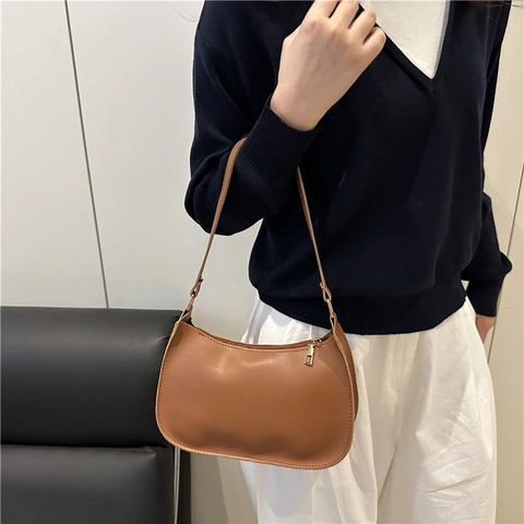 Bolso de Axila de Cuero PU Vintage para Mujer Bolso de Hombro Minimalista Color Sólido Cremallera Bolso Hobo Media Luna