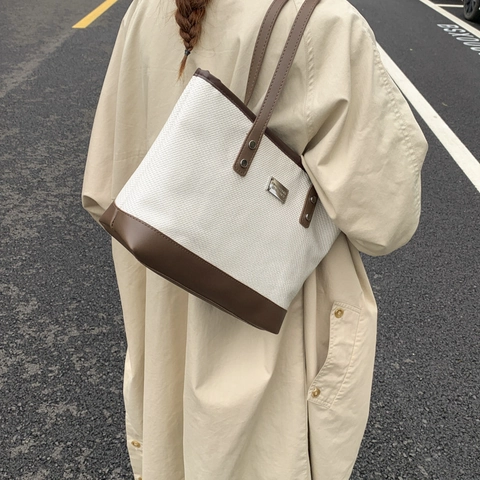 Große Vintage Schultertasche Damen Kontrastfarbe Tragetasche Mode Handtasche Lässiger Alltag Langlebige Tasche