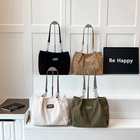 Bolso Tote de Pana de Moda para Mujer de Gran Capacidad Bolso de Hombro a Rayas Con Cadena de Metal y Correa de Cuero