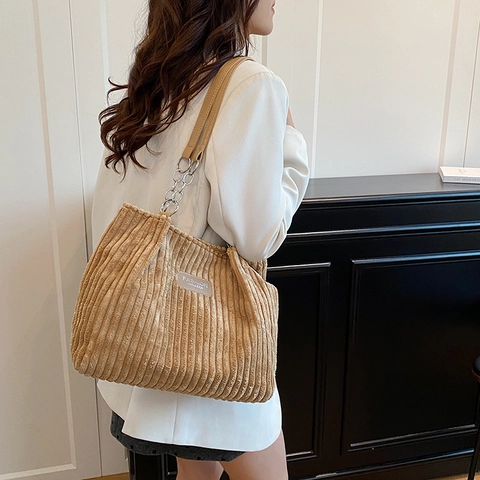 Bolso Tote de Pana de Moda para Mujer de Gran Capacidad Bolso de Hombro a Rayas Con Cadena de Metal y Correa de Cuero