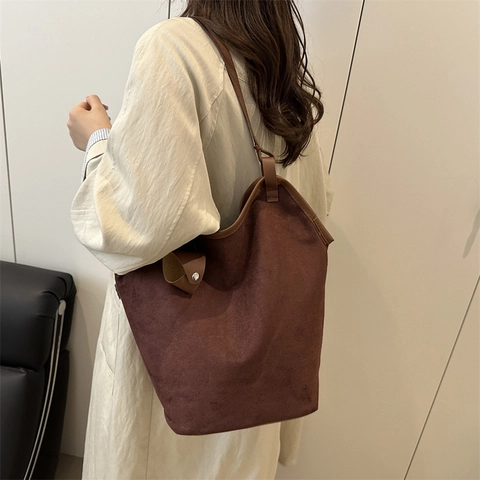 Bolso Tote de Gamuza de Gran Capacidad Vintage para Mujer Bolso de Hombro Minimalista de Color Sólido Bolso de Mano de Gamuza Sintética