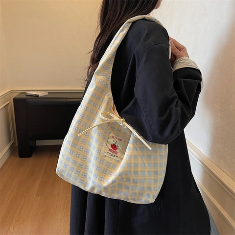 Borsa Tote Casual da Donna in Tela a Scacchi Stile Giapponese Patch Fatta a Mano Borsa a Tracolla Grande Capacità