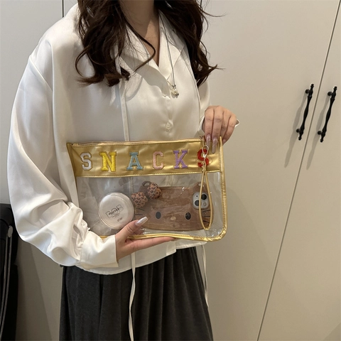 Bolso de Mano de PVC Transparente para Mujer con Letras Bordadas SNACKS de Colores Estampado de Leopardo Bolso de Maquillaje con Correa de Muñeca