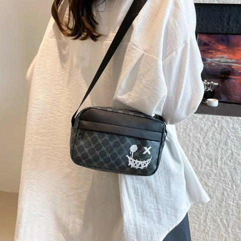 Women Fashion PU Leather Geometric Plaid Square Bag Graffiti Smile Face Street Trendy Crossbody Shoulder Mobile Phone Purse