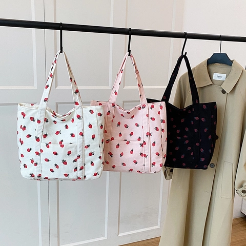 Bolso Tote de Pana para Mujer Lindo Estampado de Fresa Gran Capacidad Bolso de Hombro Casual para Escuela Universidad Vida Diaria