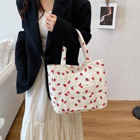 Bolso Tote de Pana para Mujer Lindo Estampado de Fresa Gran Capacidad Bolso de Hombro Casual para Escuela Universidad Vida Diaria