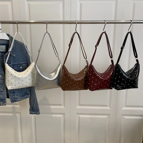 Vintage Minimalist PU Leather Bucket Bag Trendy Rivet Studded Crossbody Bag Casual Adjustable Single Strap Shoulder Bag For Women