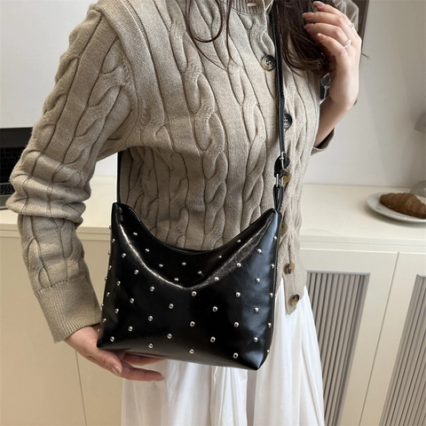 Vintage Minimalist PU Leather Bucket Bag Trendy Rivet Studded Crossbody Bag Casual Adjustable Single Strap Shoulder Bag For Women