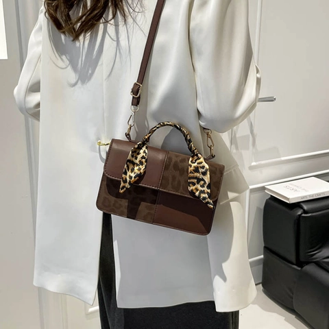Damen Mode Leopard Schal Griff Umhängetasche Nische Design PU Leder Patchwork Handtasche Stilvolle Kleine Quadratische Tasche