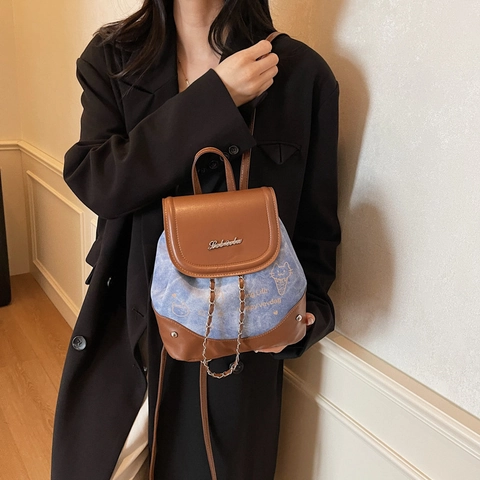Mini Sac à Dos en Cuir PU Mode pour Femmes Imprimé Chat de Dessin Animé Décor de Chaîne Petit Sac d'École Filles Voyage Décontracté